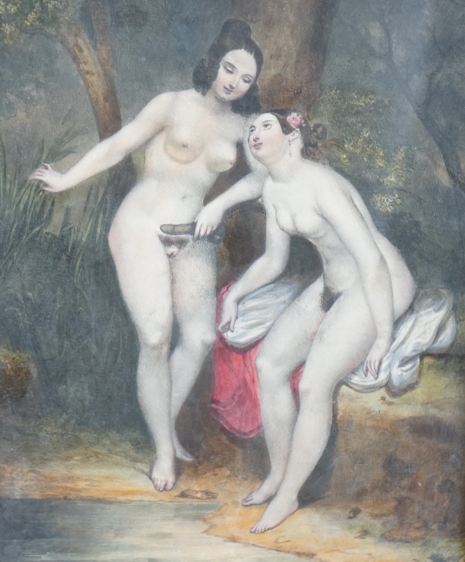 19th century, hand coloured stipple engraving, Erotic scene with two nude females, 26 x 21cm, gilt framed. Condition - fair to good